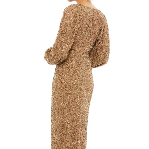 MAC DUGGAL 10791 SEQUINED PUFF SLEEVE V-NECK BRONZE GOWN sz 10 - Picture 4 of 5